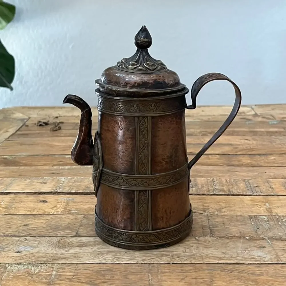 Antique Copper Brass Pitcher 7.5 in Ornate Detailed Embossing w/ Lid